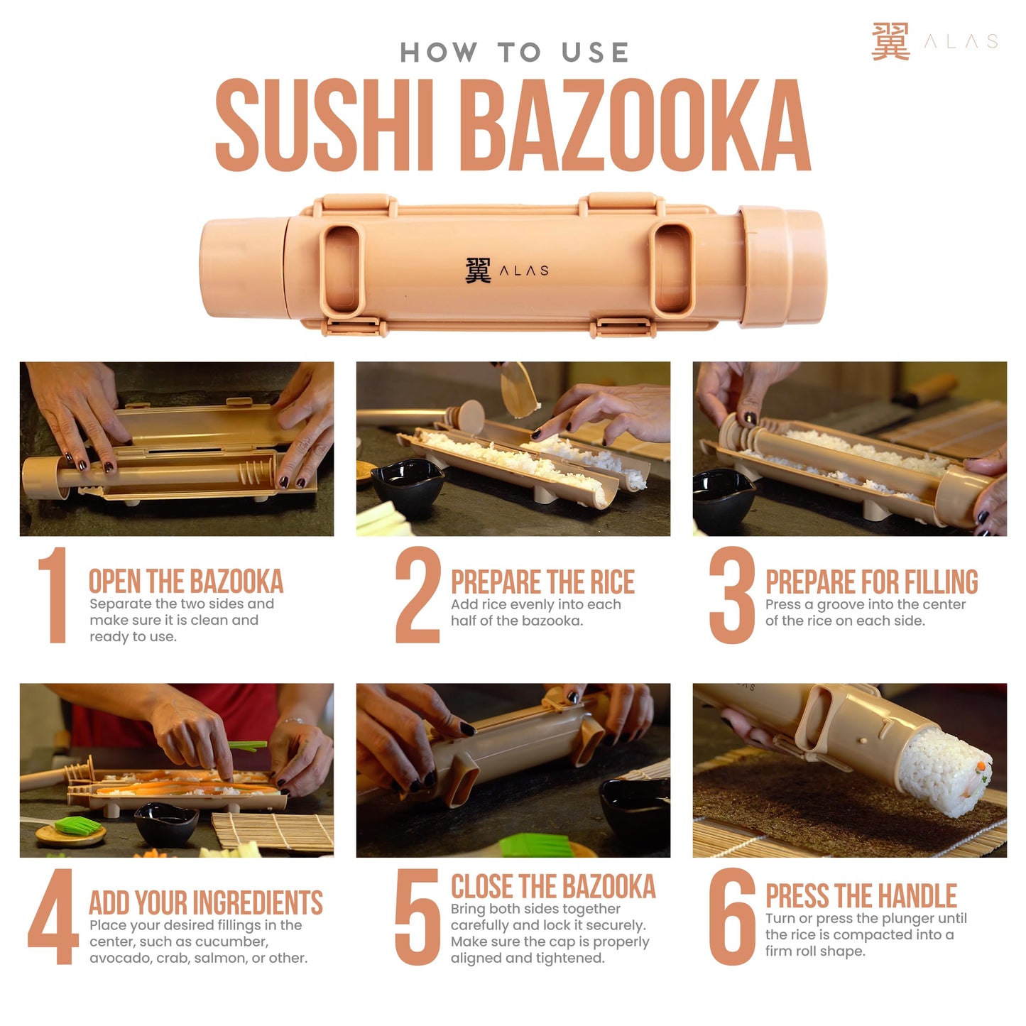 Alas Complete 20 Piece Sushi Making Set - Kit for Beginners & Pros with Knife, 2 Mats, Rice Bazooka and Dipping Plate