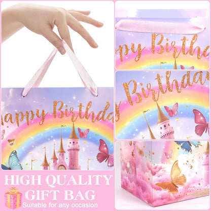JOARHONAL Princess Castle Gift Bag - 13" Large Happy Birthday Gift Bag with Tissue Paper and Card for Girls Kids Pink Princess Themed Birthday Party Supplies