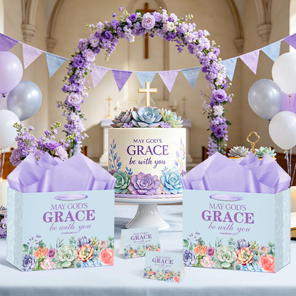 Christian Art Gifts Bag with Card & Purple Tissue Papers,Scripture Gift Bag,May God's Grace Be With You Scripture Gift Bag with Bible Verse for Mother's Day,Baptism,Wedding,Christian Goodie Treat Bag