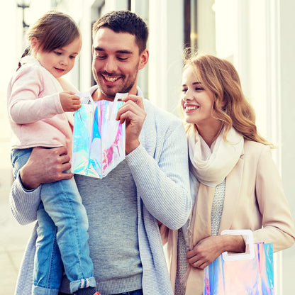 Whaline 10 Pcs Clear Holographic Small Gift Bags 7.9 x 7.9 x 4 Inch Iridescent Reusable Tote PVC Handbags Waterproof Gift Wrap Shopping Bags for Holiday Wedding Birthday Baby Shower Party Supplies