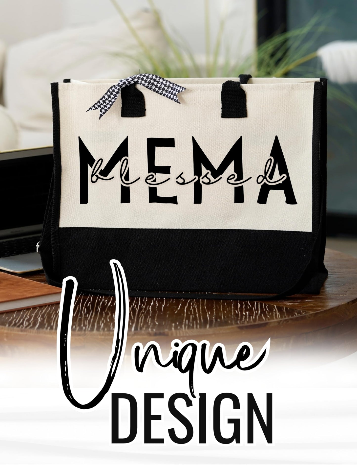 InnoBeta Mema Gifts for Grandma, Canvas Tote Bag on Christmas or Birthday & Mother's Day, Tote with Top Zipper Closure and Shoulder Strap - Blessed Mema
