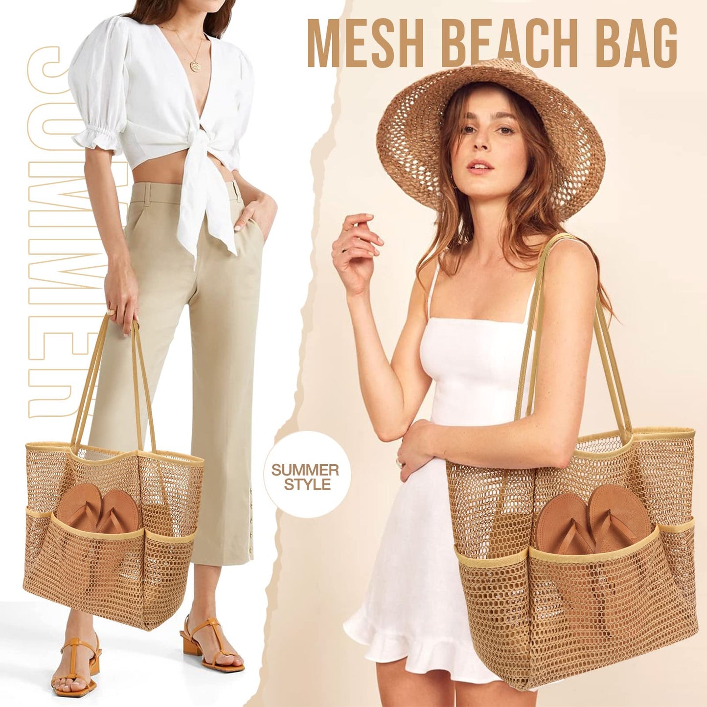 KPX Beach Bag with Mini Pocket, Summer Beach Tote Bags for Women Large Foldable Mesh Swimming Pool Travel Bags - Sandproof