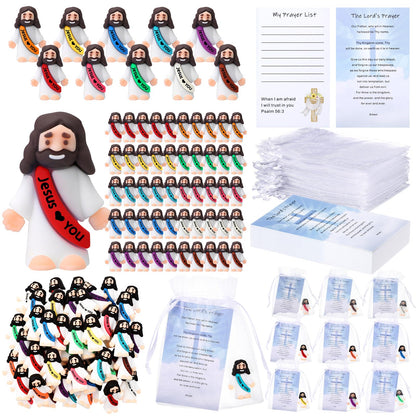 Bememo 150 Pcs Christian Gifts Bulk Bible Verse Cards Little Jesus Figures Prayer Cards Organza Bags for Easter Hunt Religious Party Favors Sunday Baptism, 50 Set(Bright Color,Love You)