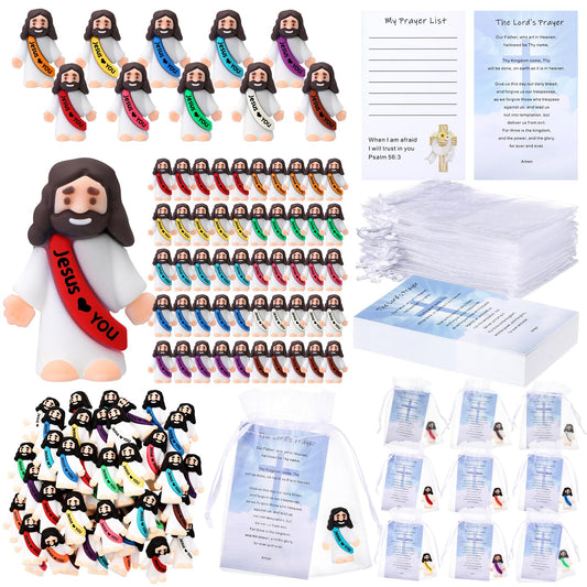 Bememo 150 Pcs Christian Gifts Bulk Bible Verse Cards Little Jesus Figures Prayer Cards Organza Bags for Easter Hunt Religious Party Favors Sunday Baptism, 50 Set(Bright Color,Love You)