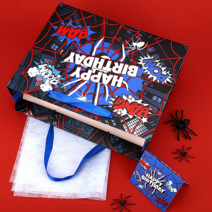 Spider Theme Party Gift Bag, Cartoon Spider Web Birthday Bag with Card & Wrapping Paper for Men Kids Birthday Party Celebration Supplies