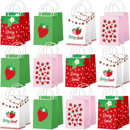 Outus 24 Pcs Strawberry Party Favor Bags Summer Strawberry Gift Bags Cute Strawberry Goodie Candy Paper Bags with Handles for Kids Berry First Birthday Party Supplies Baby Shower Wedding Decoration