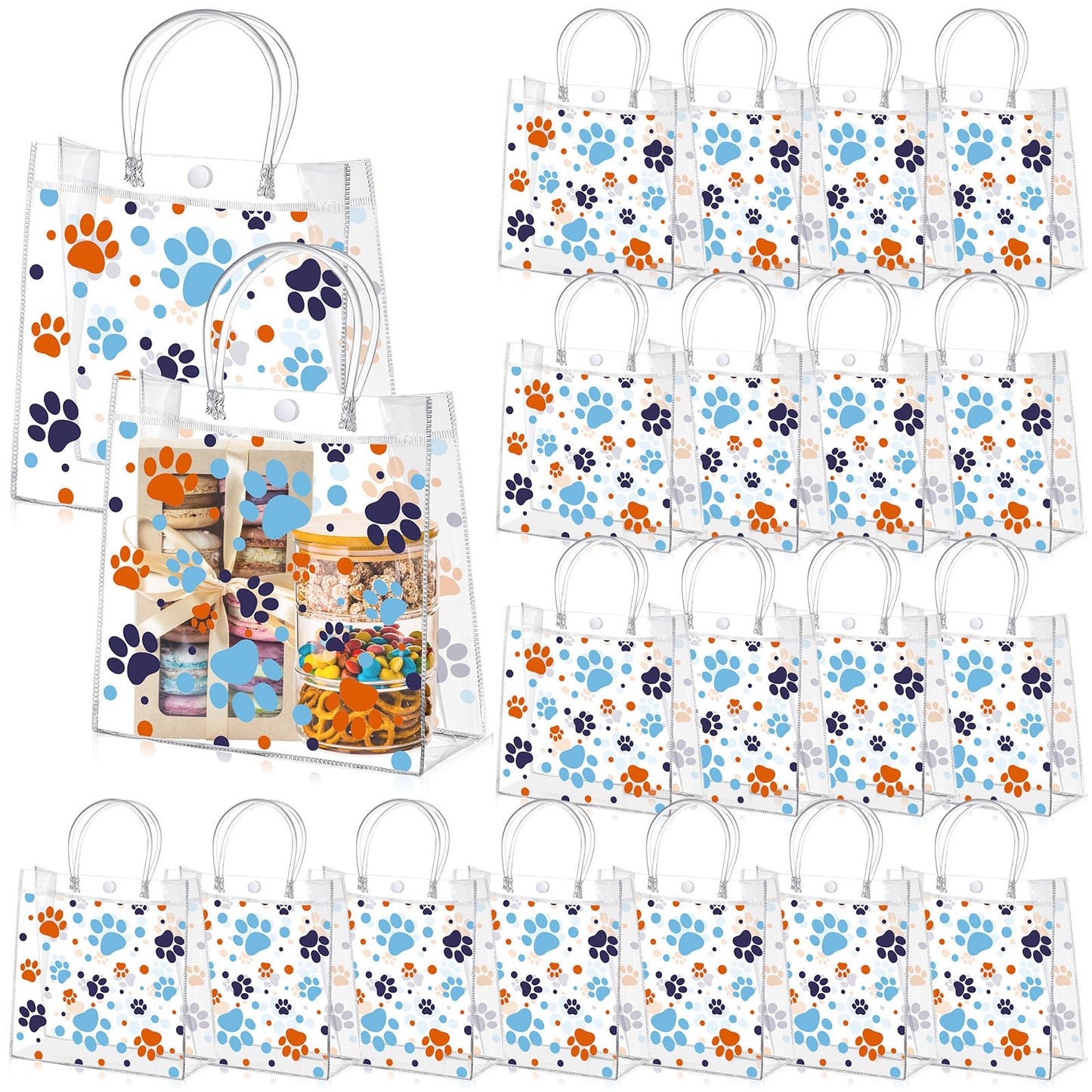 Abbylike 24 Pcs Dog Paw Clear PVC Gift Bag with Handles Party Favor Bag Candy Gift Treat Bags for Sports Theme Party Decorations Game Celebration Supplies Birthday Decorations