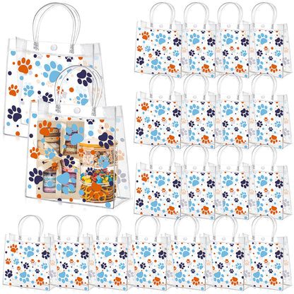 Abbylike 24 Pcs Dog Paw Clear PVC Gift Bag with Handles Party Favor Bag Candy Gift Treat Bags for Sports Theme Party Decorations Game Celebration Supplies Birthday Decorations