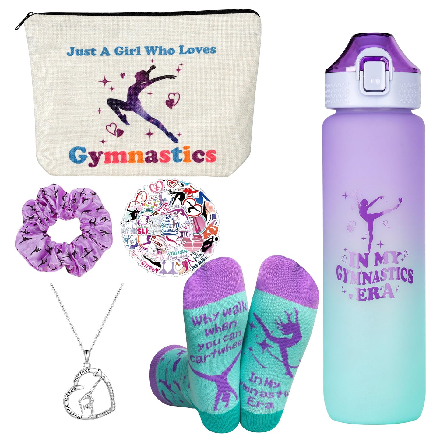 Gymnastics Gifts for Girls - Gymnastics Water Bottle, Cosmetic Bag, Necklace, Scrunchie, Socks, 50 Pcs Stickers - Gymnastics Party Favors for Girls, Birthday Gifts for Gymnastics Lovers
