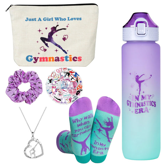 Gymnastics Gifts for Girls - Gymnastics Water Bottle, Cosmetic Bag, Necklace, Scrunchie, Socks, 50 Pcs Stickers - Gymnastics Party Favors for Girls, Birthday Gifts for Gymnastics Lovers
