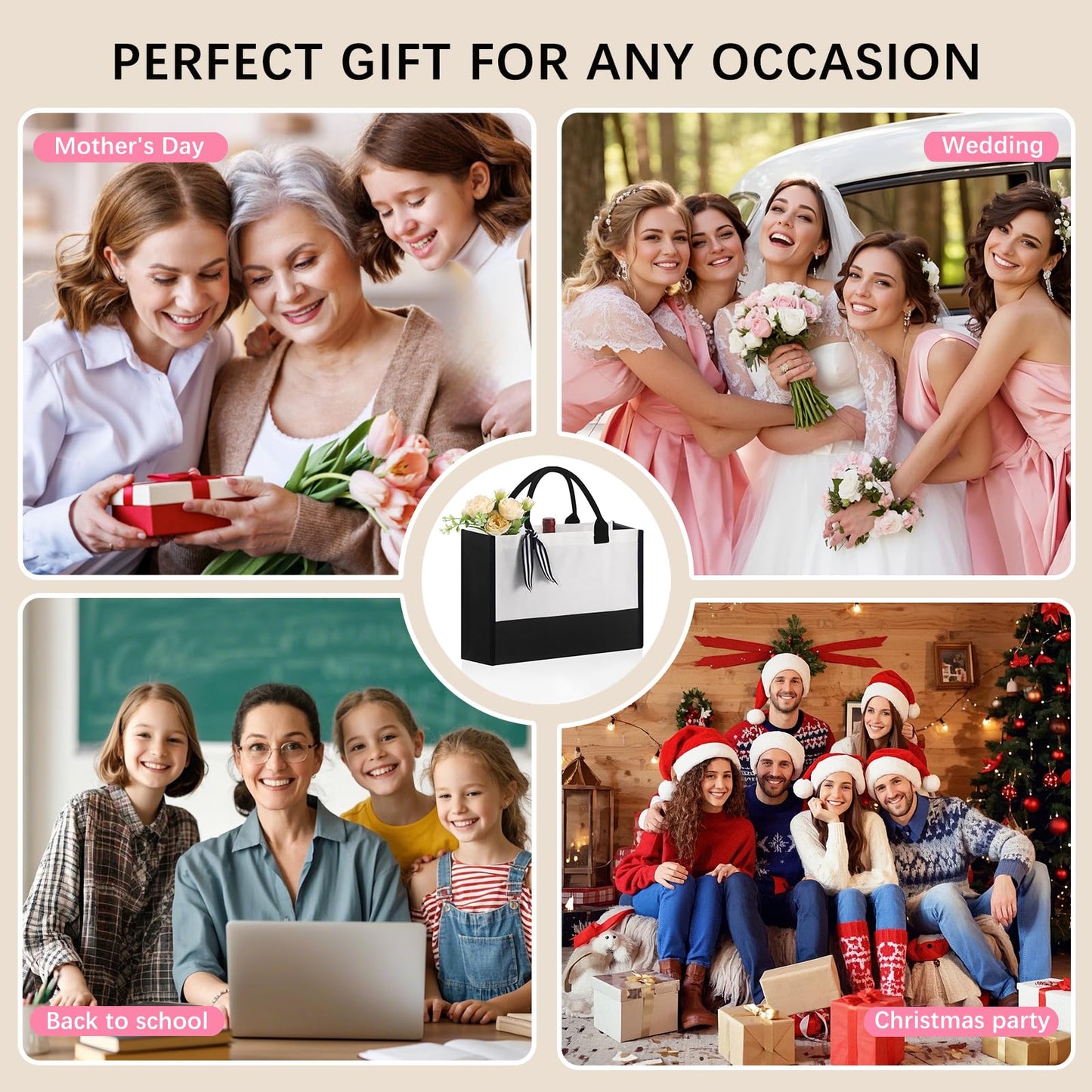 OKBA 10 PCS Personalized Classic Canvas Tote Bag(Black and White),Inside Zipper Pocket Grocery Tote DIY Gift,for Wedding,Birthday,Beach,Perfect Gifts for Women,Mom,Teachers,Friends