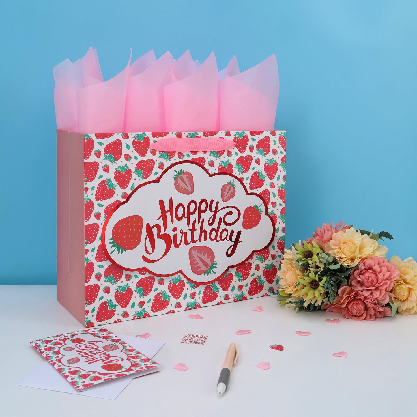 wishinside 13” Large Strawberry Happy Birthday Gift Bag Set with Handles, Greeting Card, Tissue Papers and Stickers for Girls Kids Teens Women, Cute Fruit Themed Birthday Design, 1 Pcs