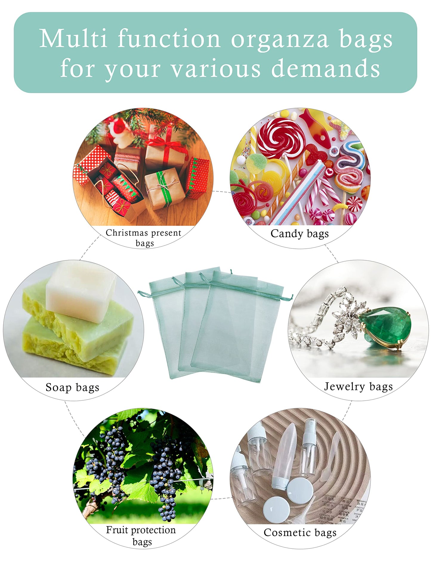 Jexila 100PCS Sheer Teal Organza Bags 4''X6' Small Mesh Drawstring Jewelry Gift Pouch for Baby Shower Wedding Party Favor Goodie Candy