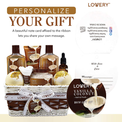 Gifts For Women Gift Basket for Women– Mothers Day Gifts for Mom, 9 Piece Set of Vanilla Coconut Home Spa Set, Luxurious Bath and Body Set, Includes Fragrant Lotions, Large Bath Bombs, Coconut Oil