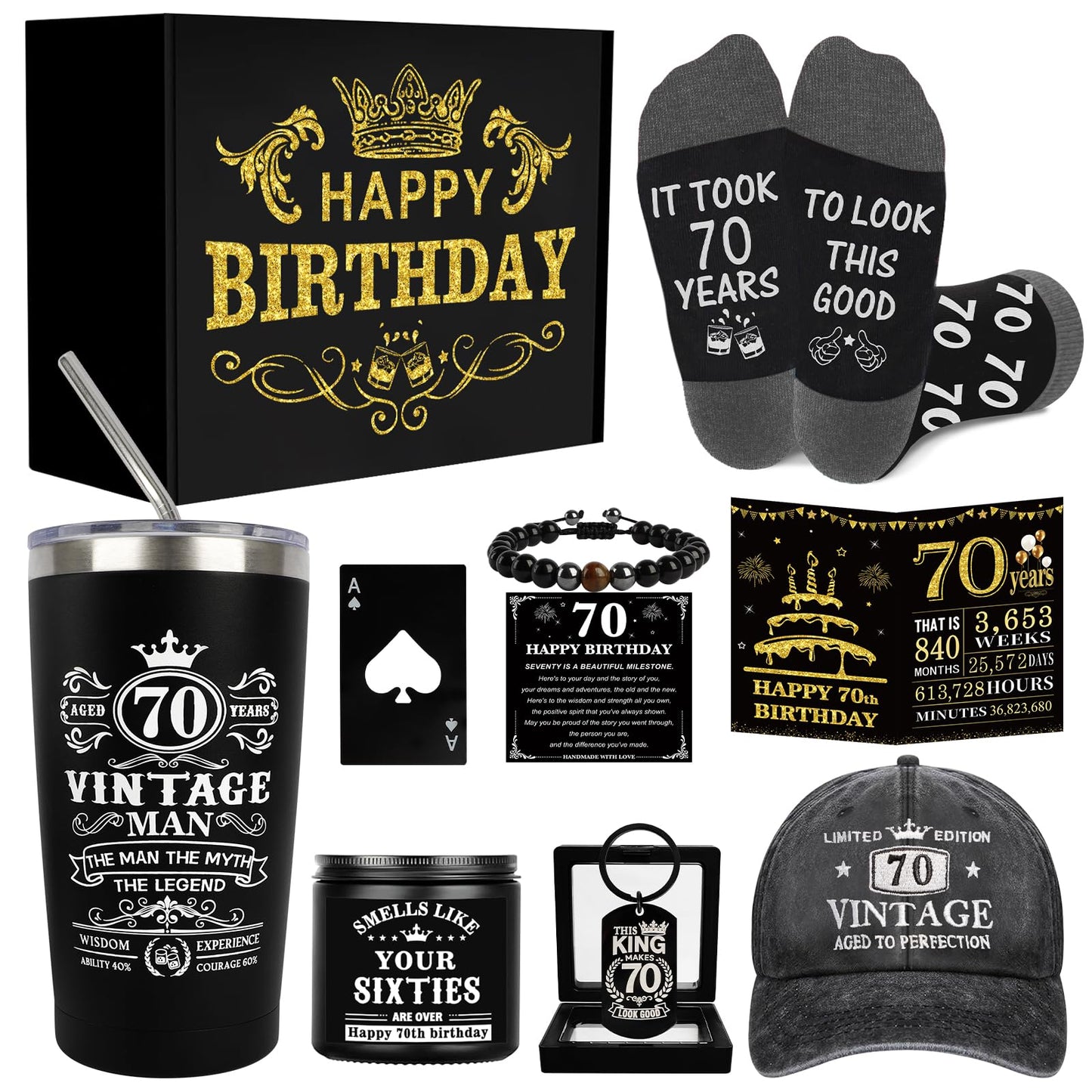 70th Birthday Gifts for Men - Unique Birthday Box with 20 Oz Tumbler, Baseball Cap, Socks, Bracelets, Scented Candle, Happy 70th Birthday Decorations for Husband, Dad, Grandpa, Friends, Boss