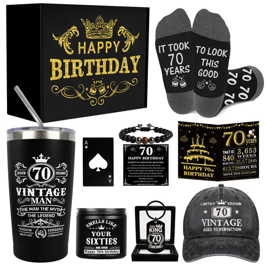 70th Birthday Gifts for Men - Unique Birthday Box with 20 Oz Tumbler, Baseball Cap, Socks, Bracelets, Scented Candle, Happy 70th Birthday Decorations for Husband, Dad, Grandpa, Friends, Boss