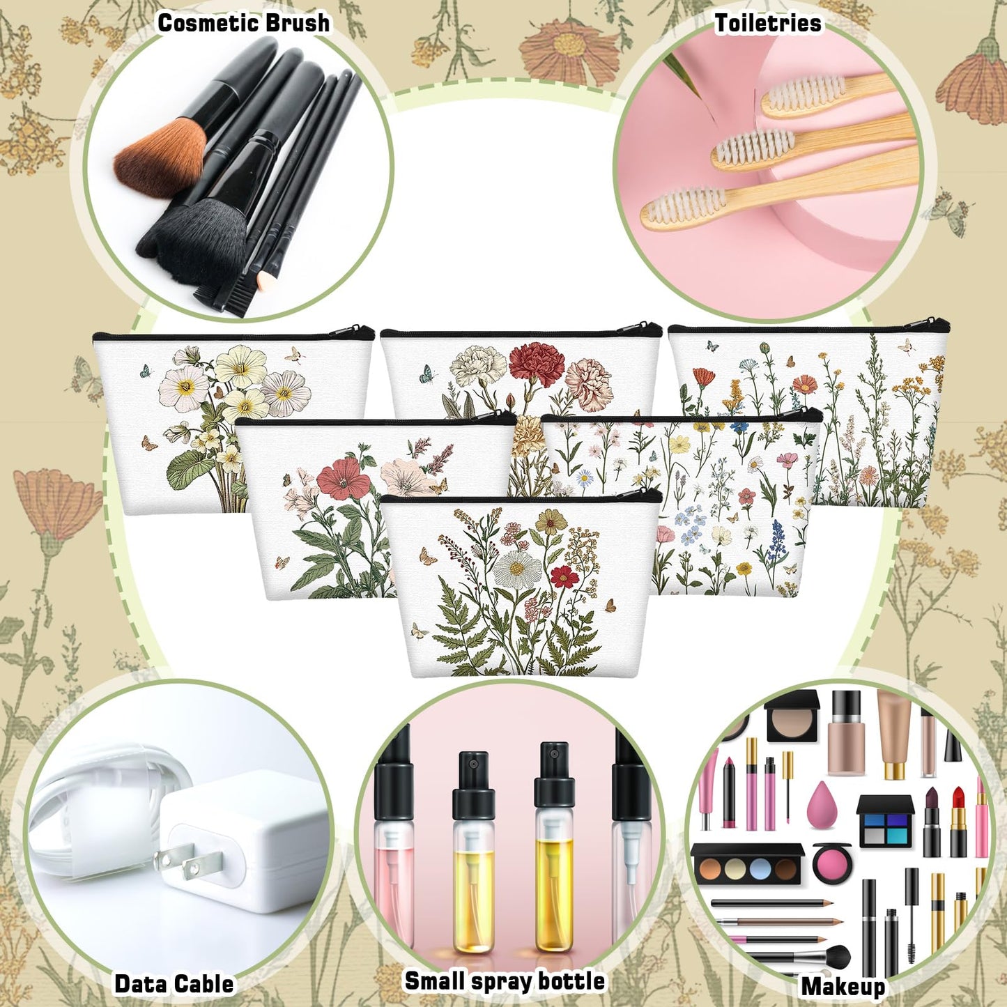 Sweetude 12 Pcs Spring Flowers Makeup Bag Bulk Portable Travel Cosmetic Bags with Zipper Wildflower Floral Waterproof Roomy Travel Beauty Toiletry Organizer Storage Pouch for Women Spring Gifts