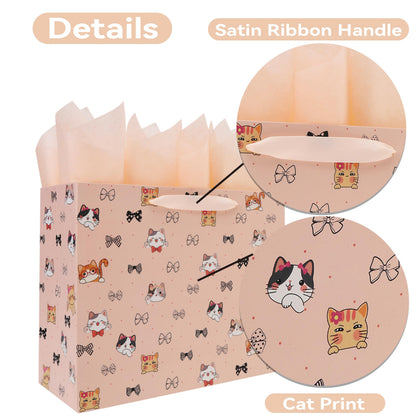 wishinside 13'' Large Cat & Bow Gift Bag Set with Handles, Greeting Card, Pink Tissue Papers and Stickers for Women Girls for Birthday, Wedding, Bridal Shower, Baby Shower, Cat Design, 1 Pcs