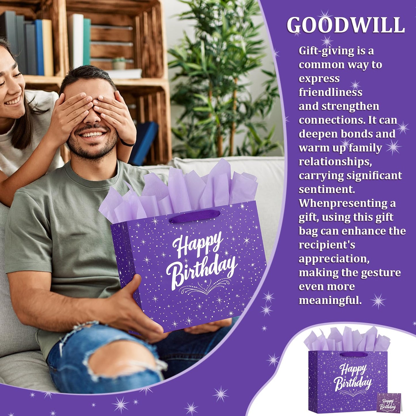 13" Purple Happy Birthday Gift Bag with Tissue Paper and Greeting Card for Party,Happy Birthday Gift Bag for Men Women,Gift Bags Medium size