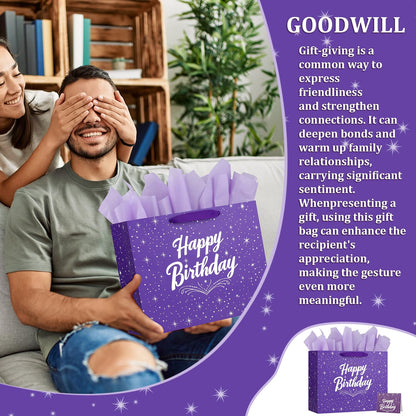 13" Purple Happy Birthday Gift Bag with Tissue Paper and Greeting Card for Party,Happy Birthday Gift Bag for Men Women,Gift Bags Medium size