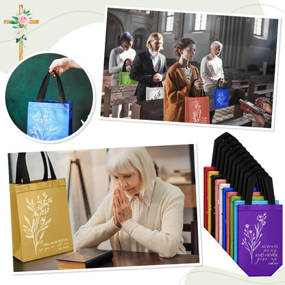 Sweetude 20 Pcs Christian Gift Bag Bulk, Reusable Church Welcome Totes with Handles, Medium Non Woven Floral Bible Verse Bag for Father's Day, Sunday School, VBS, Religious Event Favor (Multicolor)