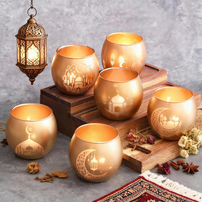 Gold Ramadan Decorations for Home Set of 6, Mosque & Crescent Moon Glass Tealight Candle Holders, Star & Lantern Votive Holders for Ramadan Table Decor, Elegant Eid Mubarak Islamic Gifts