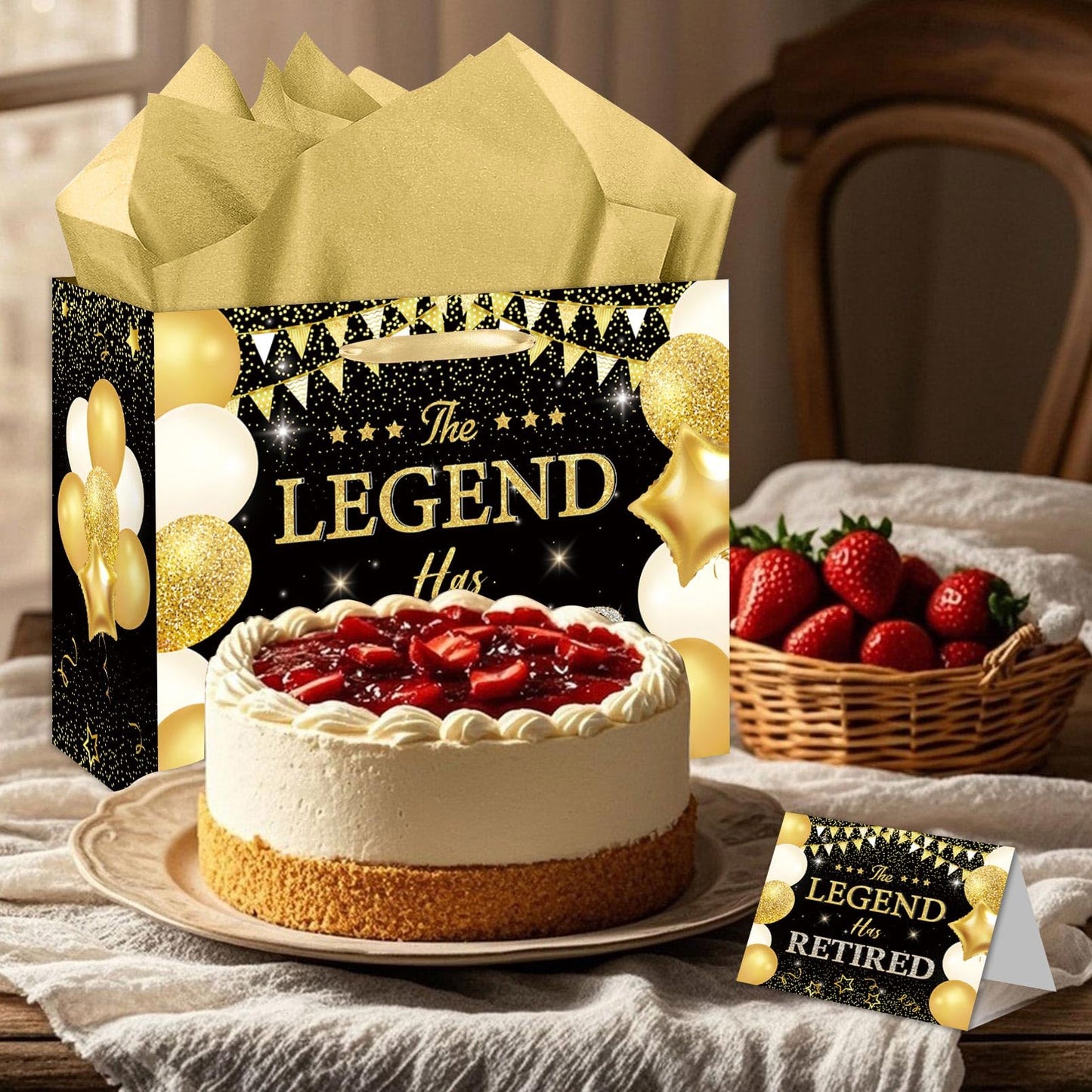 HSKMAKE Black Gold Retirement Gift Bag The Legend Has Retired Large Gift Bag with Greeting Card Gold Tissue Paper for Women Men Coworker Farewell Going Away Party Favors Decorations Supplies