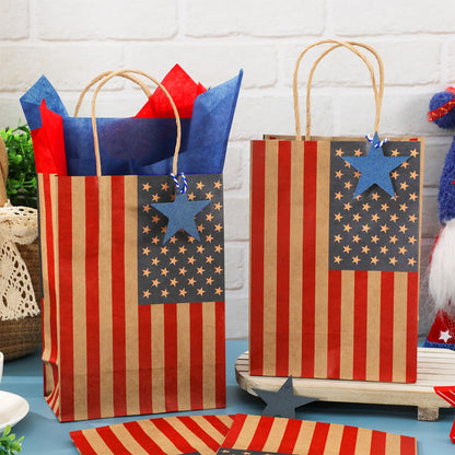 JarThenaAMCS 24 Pcs Patriotic Paper Gift Bags with Tissue Paper Star Gift Tag Rope 4th of July American Flag Kraft Goodie Treat Bag with Handles for Independence Day 250th Anniversary Memorial Day