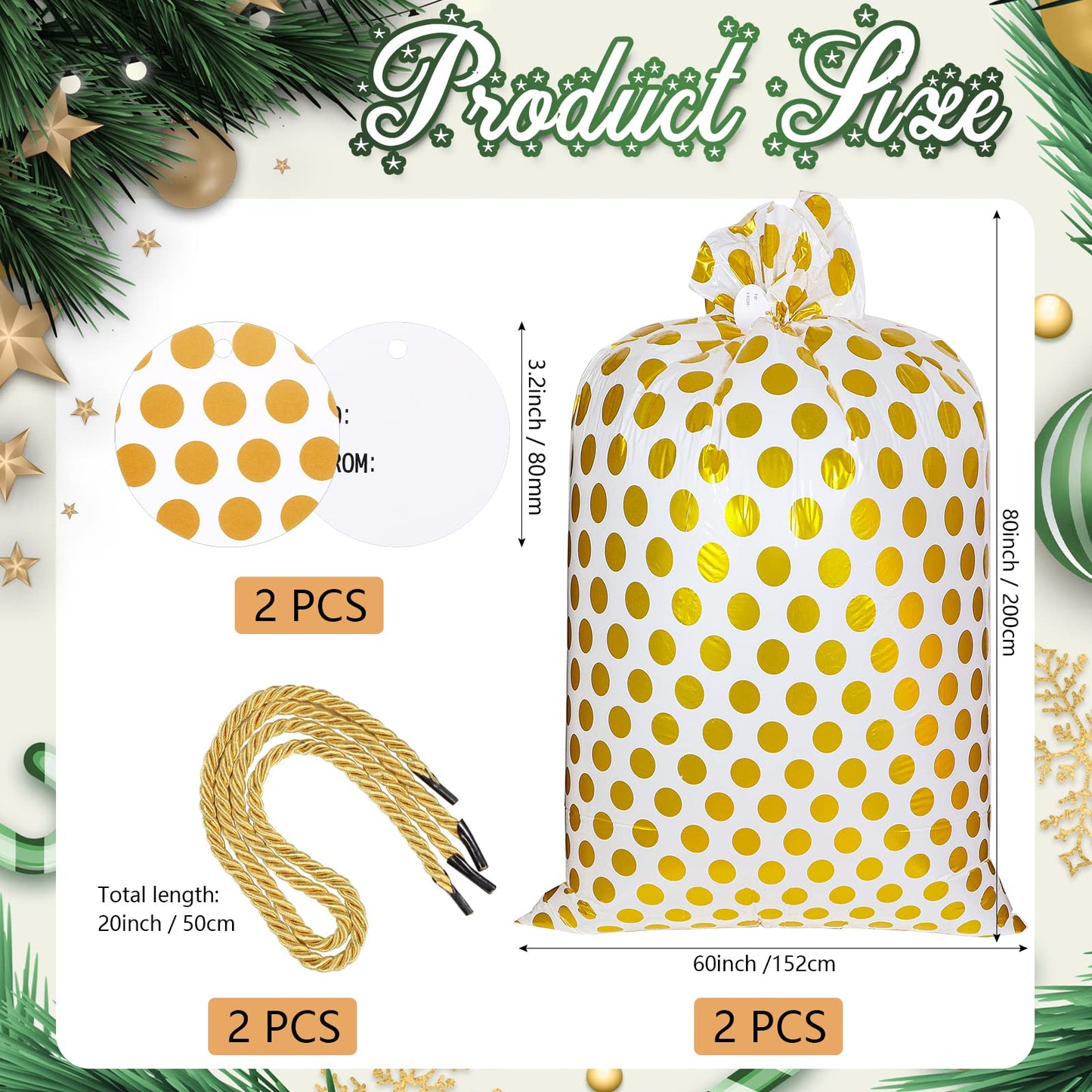 Sabary 2 Pcs 80 x 60 Inch Jumbo Bike Gift Bags Christmas Extra Large Plastic Giant Thicken Bicycle Bag White and Gold Dots Xmas Holiday Bags for Snack Treat Goodies Weddings Birthdays Engagement Party