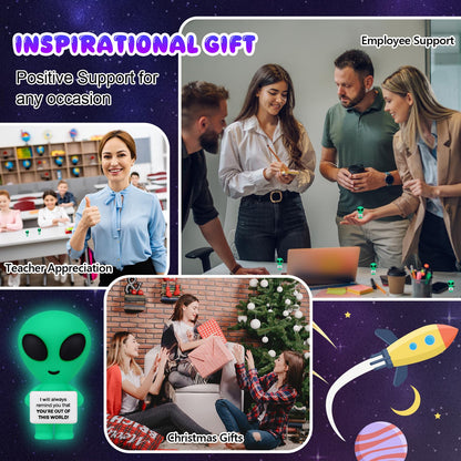 Gejoy 25 Pcs Mini Alien Figures Positive Gifts Motivational Message Decorations Inspirational Rubber Mini Alien Figurines for Colleague Staff Teacher