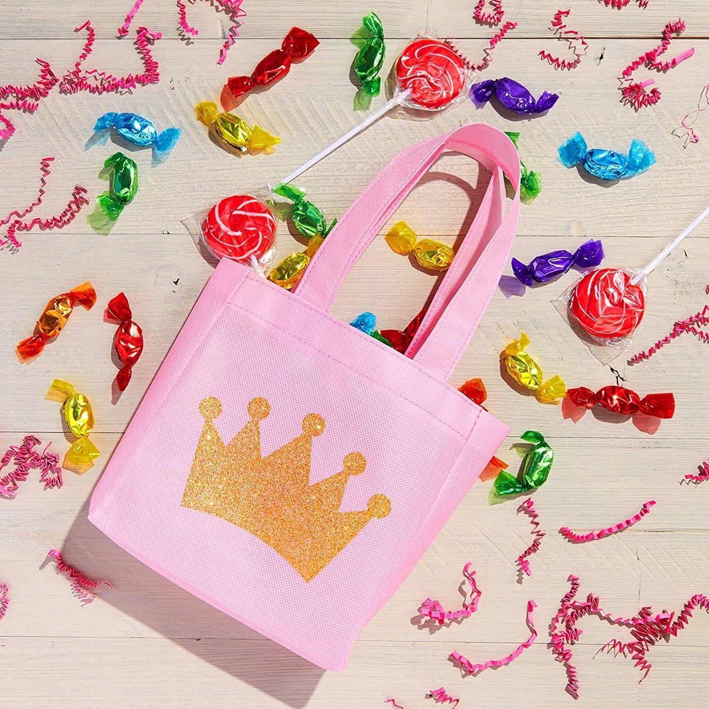 BLUE PANDA 24-Pack Princess Party Favor Bags - 6.5 x 7 x 2 in Pink Canvas Pouches - Reusable & Non-Woven Crown Treat Pouches - Bags for Princess Birthday Party Decorations