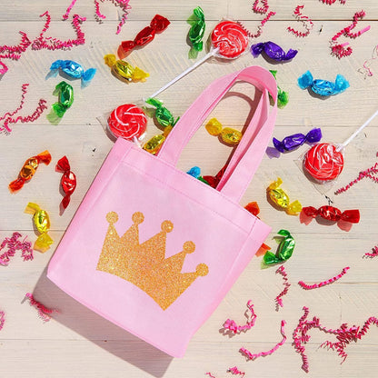 BLUE PANDA 24-Pack Princess Party Favor Bags - 6.5 x 7 x 2 in Pink Canvas Pouches - Reusable & Non-Woven Crown Treat Pouches - Bags for Princess Birthday Party Decorations