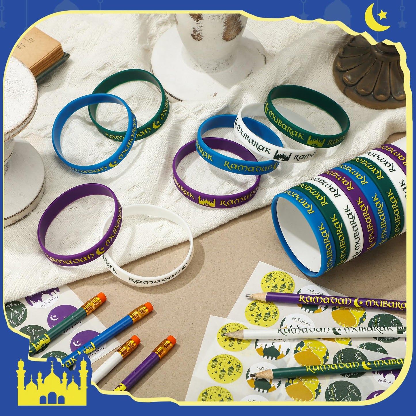TecUnite 130 Pcs Ramadan Gifts 2026 Eid Mubarak Gifts Bulk for Kids Includes Eid Pencils Silicone Wristbands Islamic Stickers Ramadan Party Supplies for Kareem Basket Bag Stuffers Decoration