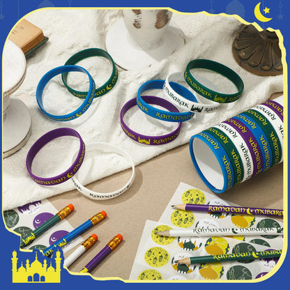 TecUnite 130 Pcs Ramadan Gifts 2026 Eid Mubarak Gifts Bulk for Kids Includes Eid Pencils Silicone Wristbands Islamic Stickers Ramadan Party Supplies for Kareem Basket Bag Stuffers Decoration