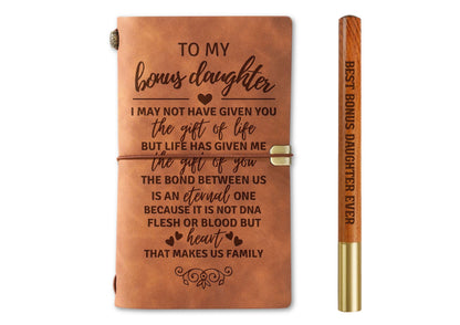 InnoBeta Bonus Daughter Gifts, To My Bonus Daughter Journal Notebook with Pen, Refillable Sketchbook, Travel Diary, Lined Planner, 7x5 Inches, Brown
