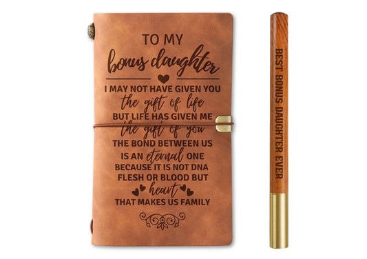 InnoBeta Bonus Daughter Gifts, To My Bonus Daughter Journal Notebook with Pen, Refillable Sketchbook, Travel Diary, Lined Planner, 7x5 Inches, Brown