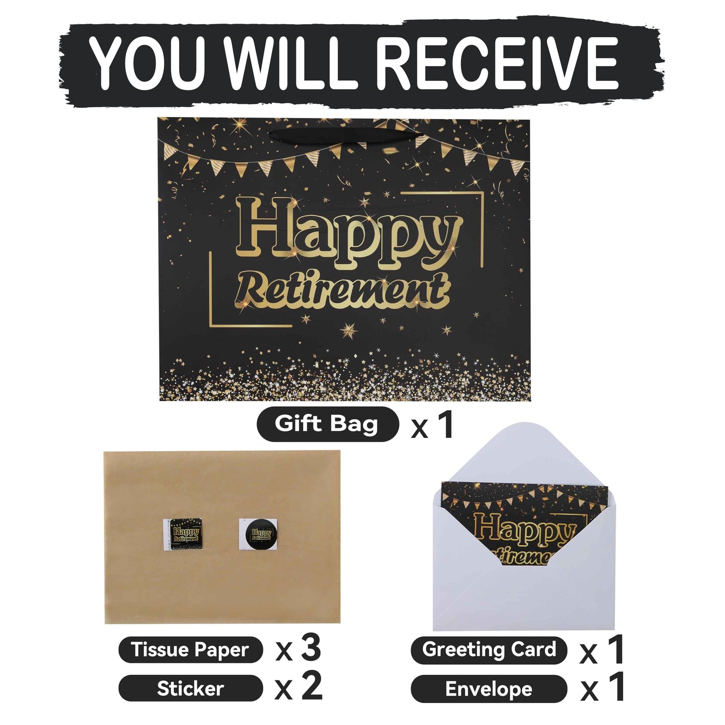16.5” Extra Large Black Retirement Gift Bag Set with Handles, Greeting Card, Tissue Papers and Stickers for Men Women Office Coworker, Farewell Going Away Party, Happy Retirement Design, 1 Pcs