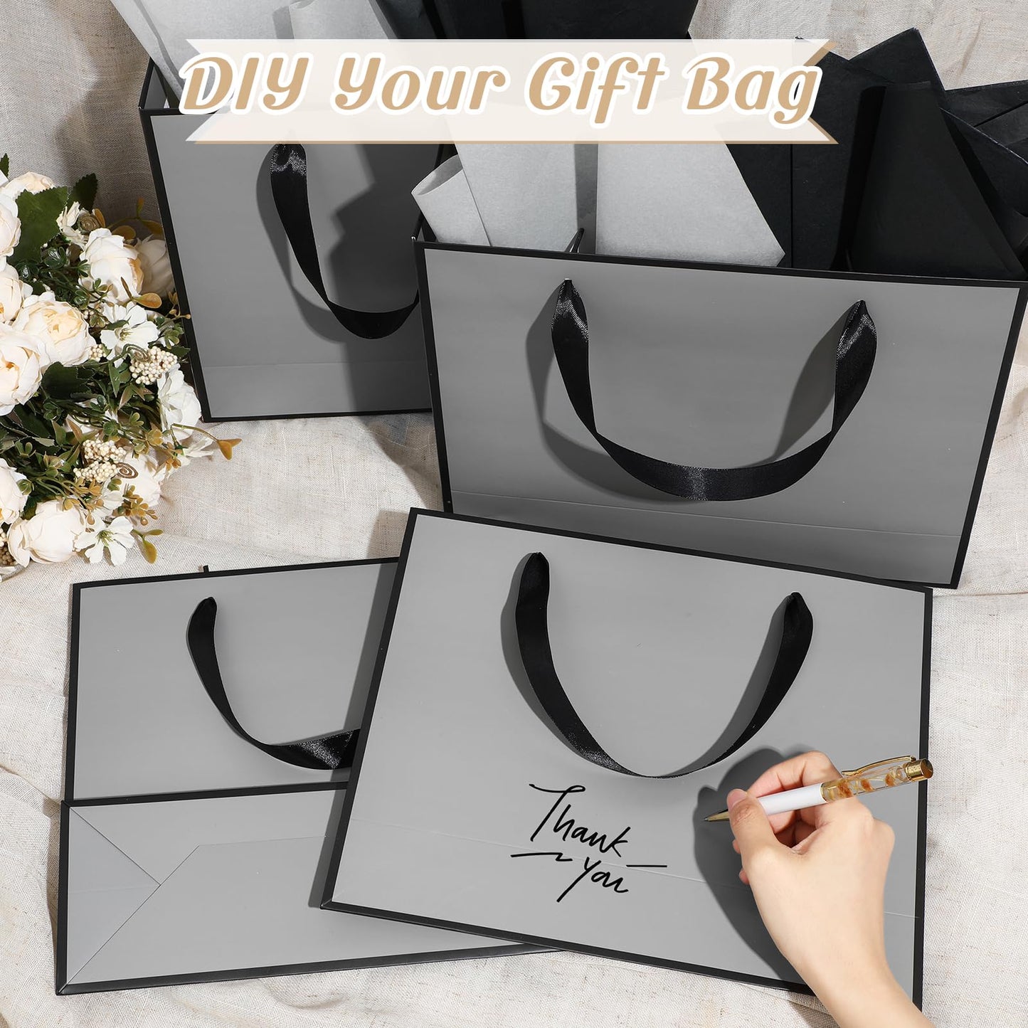 ReliThick 12 Pack Metallic Paper Gift Bag with Handles and Tissue Paper 11.8 x 10 x 4'' Thank You Favor Bag for Graduation Mother's Day Wedding Bridesmaid Groomsman 5 Senses Gifts (Gray,Black)