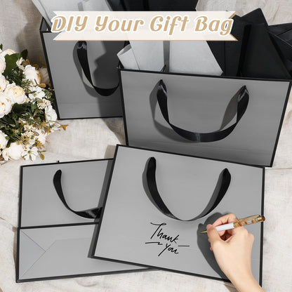 ReliThick 12 Pack Metallic Paper Gift Bag with Handles and Tissue Paper 11.8 x 10 x 4'' Thank You Favor Bag for Graduation Mother's Day Wedding Bridesmaid Groomsman 5 Senses Gifts (Gray,Black)