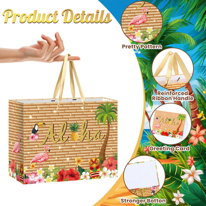 Hawaiian Gift Bag Luau Tiki Party Decorations Wood grain Hawaiian Gift Bag with Tissue Paper and Card Flamingo Beach Wrapping Bags for Tropical Summer Beach Pool Birthday Party Decorations