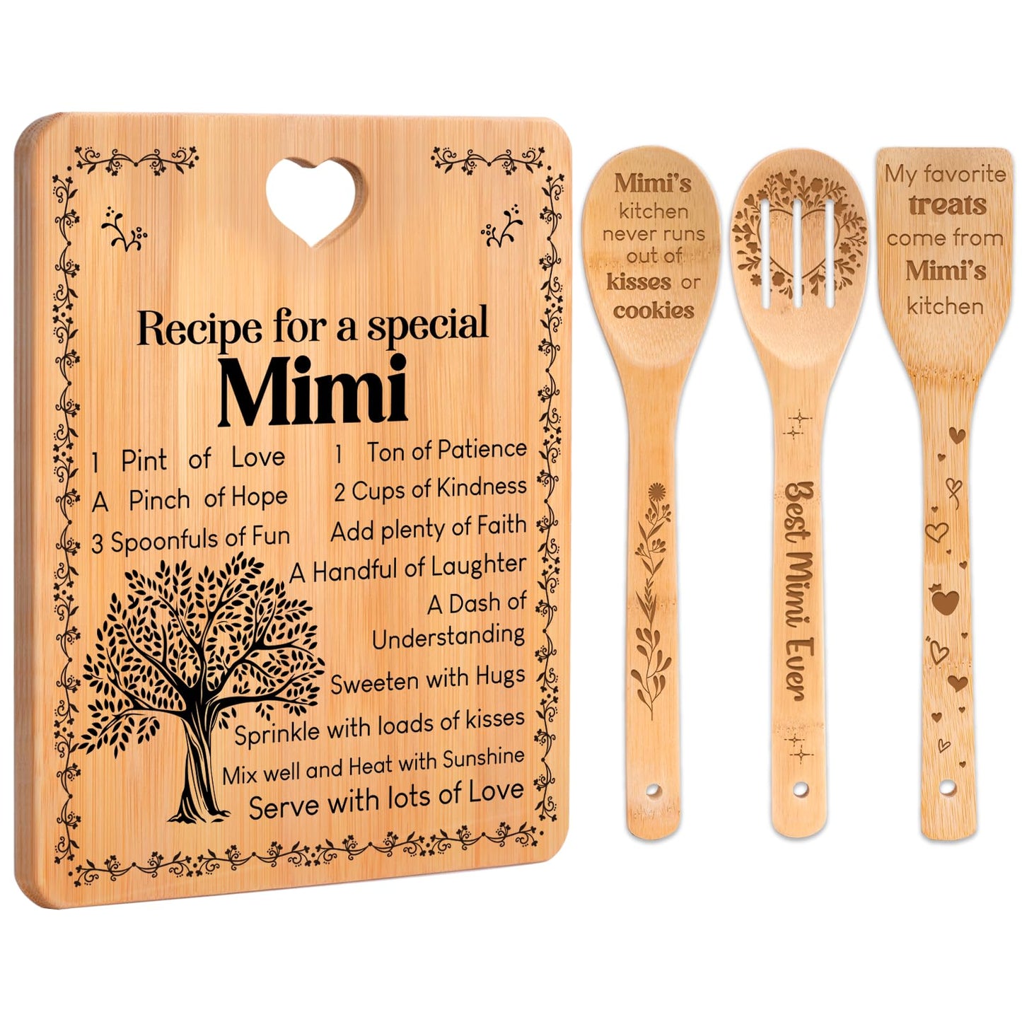Mimi Gifts - "Recipe for a Special Mimi" Gift for Mimi Cutting Board Set, Bamboo-Made Engraved Utensil Set Best Mimi Ever Presents Cutting Board, Mothers Day Gifts for Mimi.