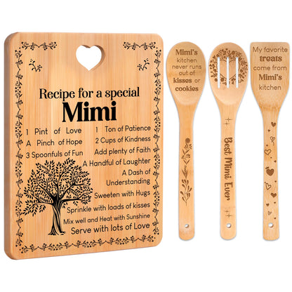 Mimi Gifts - "Recipe for a Special Mimi" Gift for Mimi Cutting Board Set, Bamboo-Made Engraved Utensil Set Best Mimi Ever Presents Cutting Board, Mothers Day Gifts for Mimi.