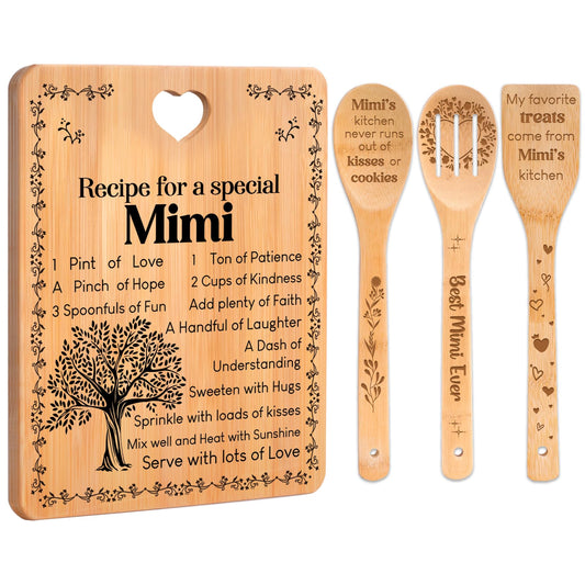 Mimi Gifts - "Recipe for a Special Mimi" Gift for Mimi Cutting Board Set, Bamboo-Made Engraved Utensil Set Best Mimi Ever Presents Cutting Board, Mothers Day Gifts for Mimi.