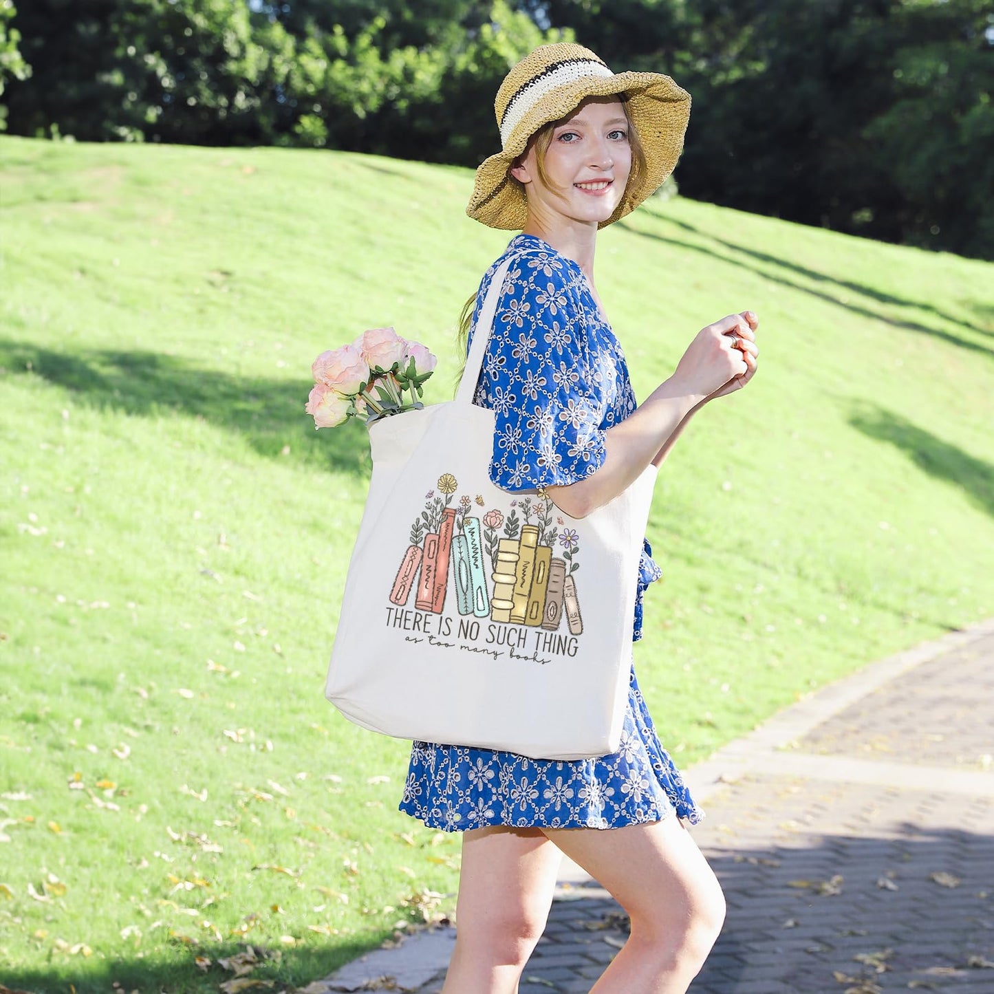 LEADO Cute Canvas Tote Bag with Pocket, Book Lovers Gifts - Mothers Day, Birthday, Book Club Gifts for Book Lovers Women - Reading Accessories, Librarian, Bookish, Readers, Teacher, Library Present