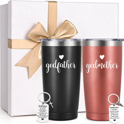 LiqCool Godparents Proposal Gift, Godmother & Godfather 20Oz Tumbler with Keychain & Gift Box Set, Baptism & Christmas(Black & Rose Gold)