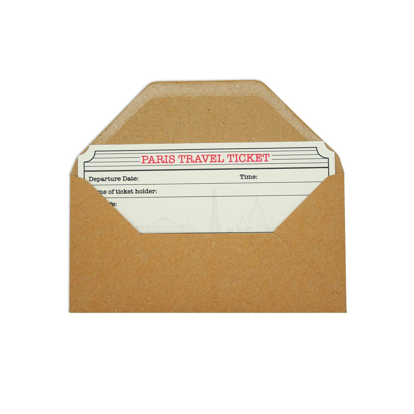 Paris White (with Gold Shimmer Effect) Travel Ticket and Envelope. Paris Themed Ticket Surprise Holiday Gift.