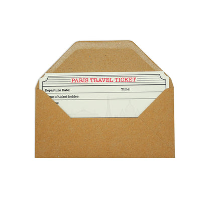 Paris White (with Gold Shimmer Effect) Travel Ticket and Envelope. Paris Themed Ticket Surprise Holiday Gift.