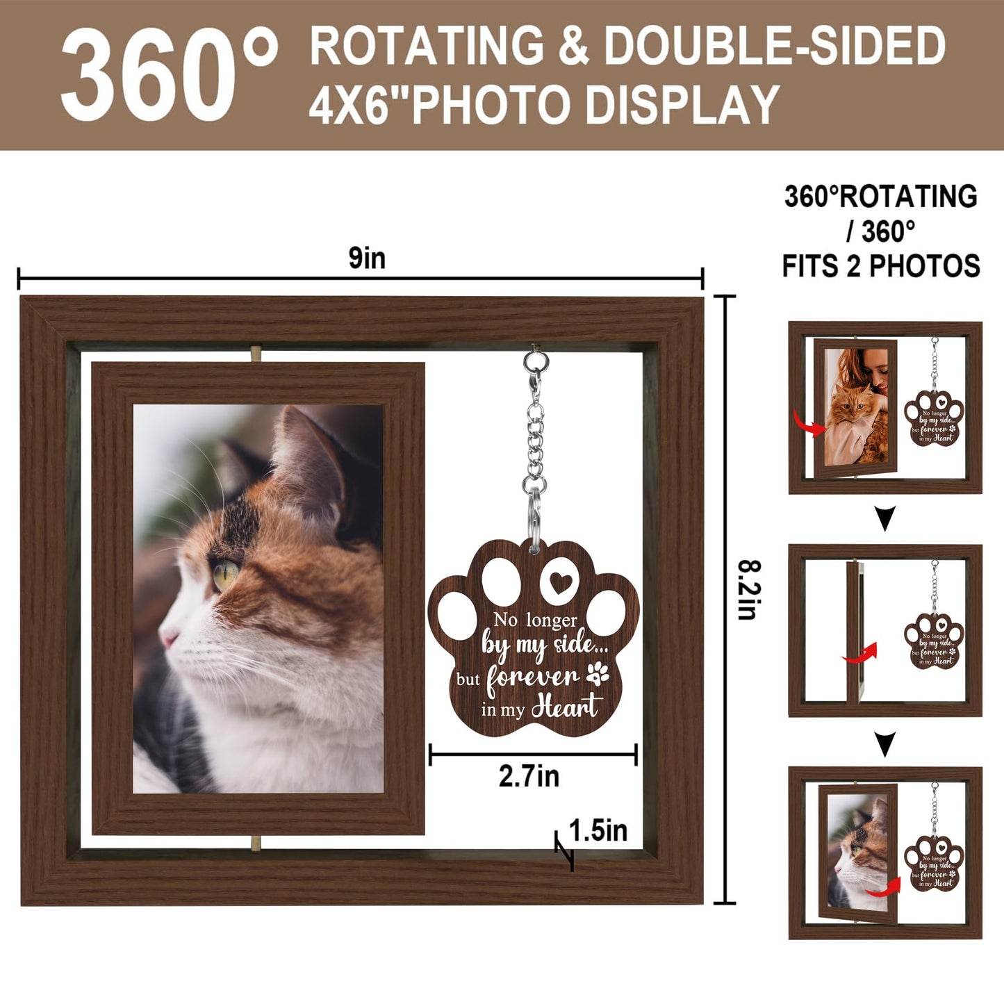 SHOW-YA Cat Memorial Gifts for Loss of Cat - Pet Memorial Gifts Cat,Loss of Cat Sympathy Gift, Cat Passing Away, Pet Remembrance Gift Cat,Rotating Wooden Cat Picture Frame 4x6 Photo