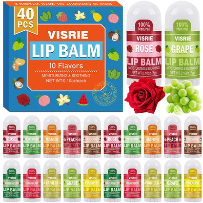 VISRIE 40 Pack Mini Lip Balm Bulk, Natural Lip Balm with Vitamin E & Beeswax, Moisturizing Lip Care for Dry Lips, Perfect for Party Favors, Care Packages & Small Gifts