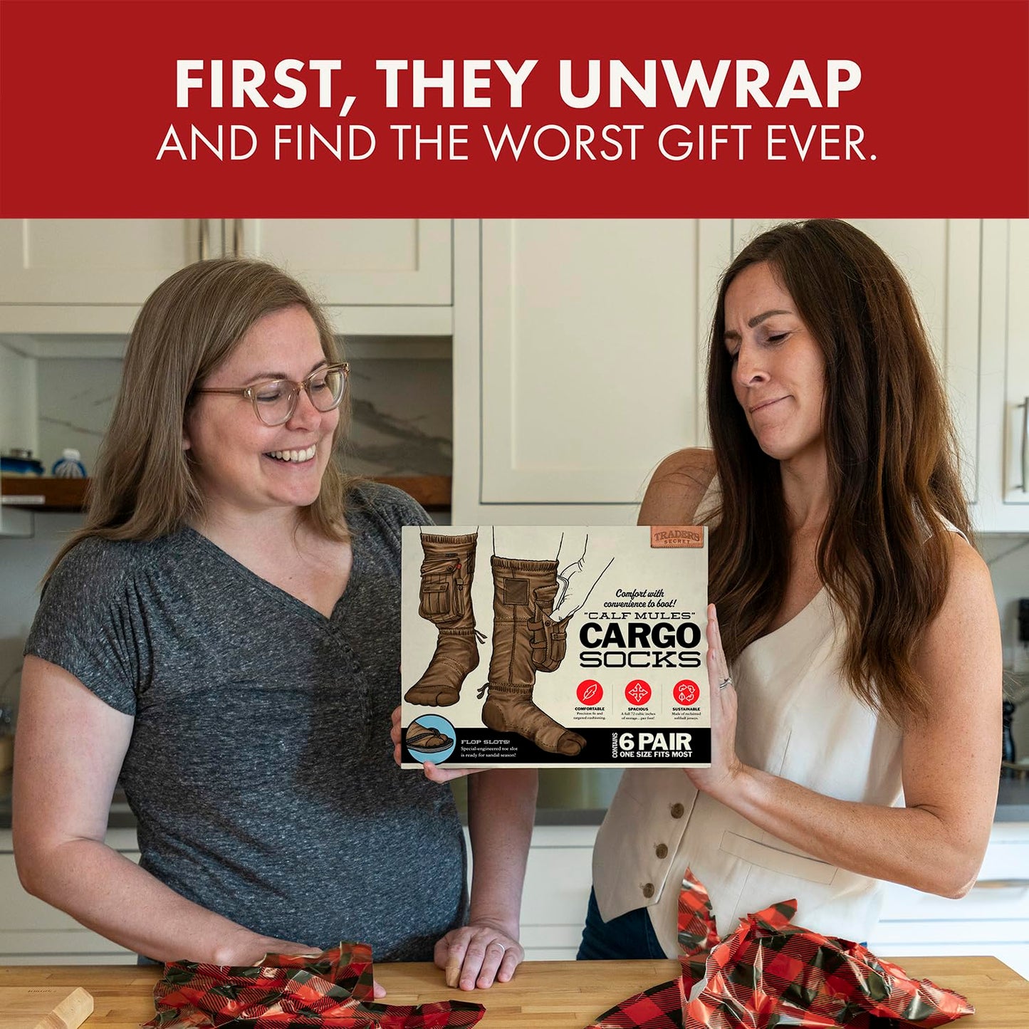 Prank-O Cargo Socks Prank Gift Box – Empty Joke Present Box for Adults & Teens, Funny Gag Gift Wrap for White Elephant, Secret Santa, Christmas, Birthdays, Office Parties & Holiday Gift Exchanges